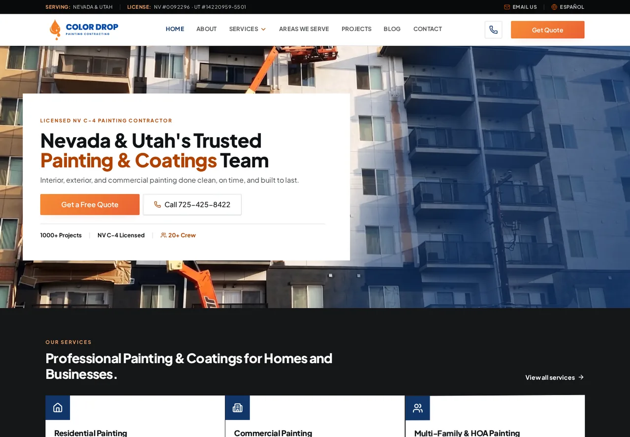 Color Drop Painting website homepage showing its painting and coatings offer