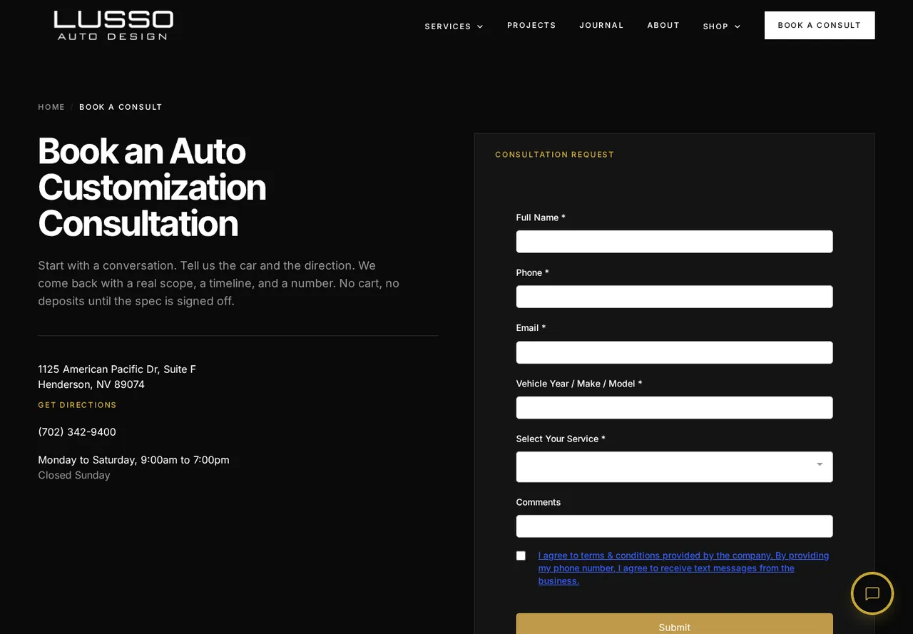Lusso Auto Design consultation page for automotive project inquiries