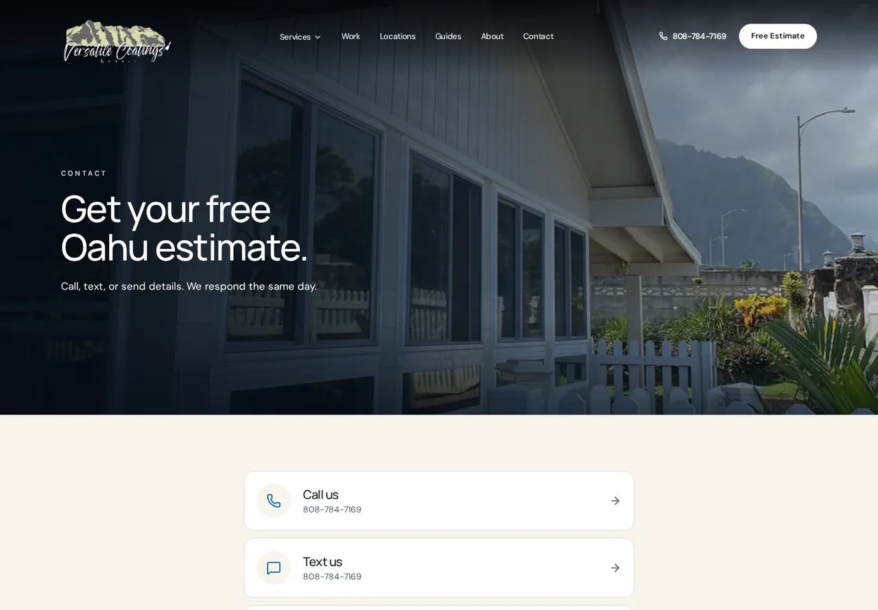 Versatile Coatings Hawaii estimate contact page