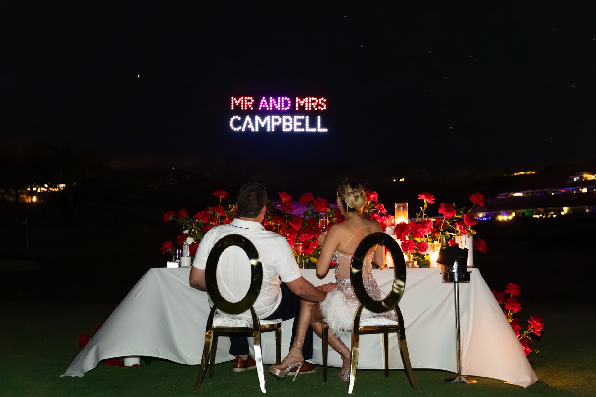 Las Vegas wedding aerial drone light show over the reception