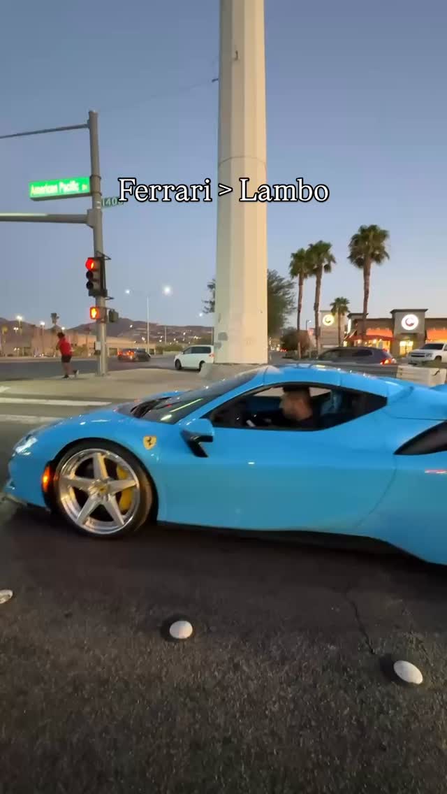 Blue Ferrari SF90 photographed on a Las Vegas street for automotive brand content