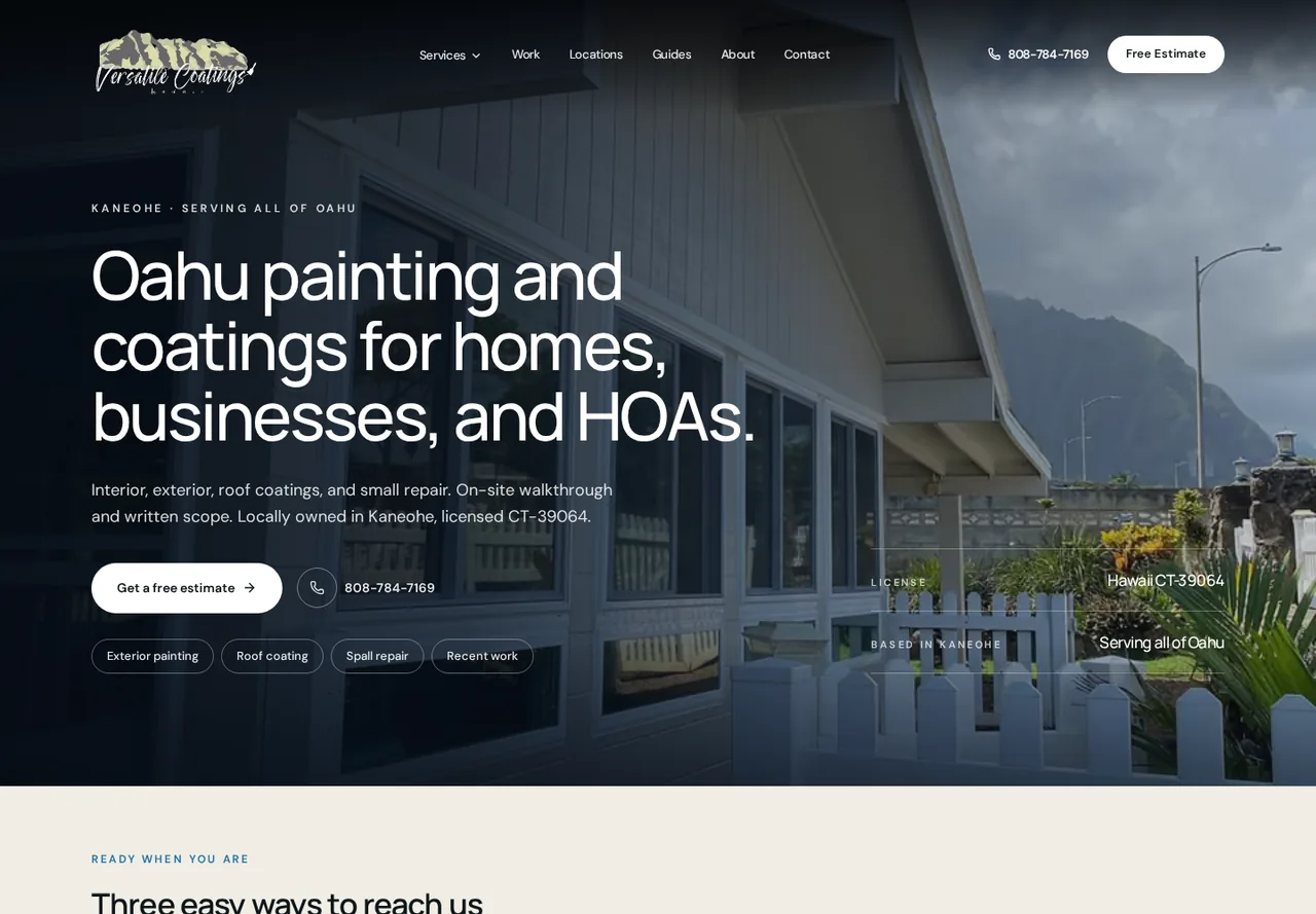 Versatile Coatings Hawaii website built by Cross X Agency, shown on desktop