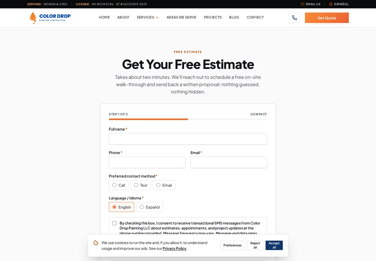 Color Drop Painting estimate form showing the first contact step