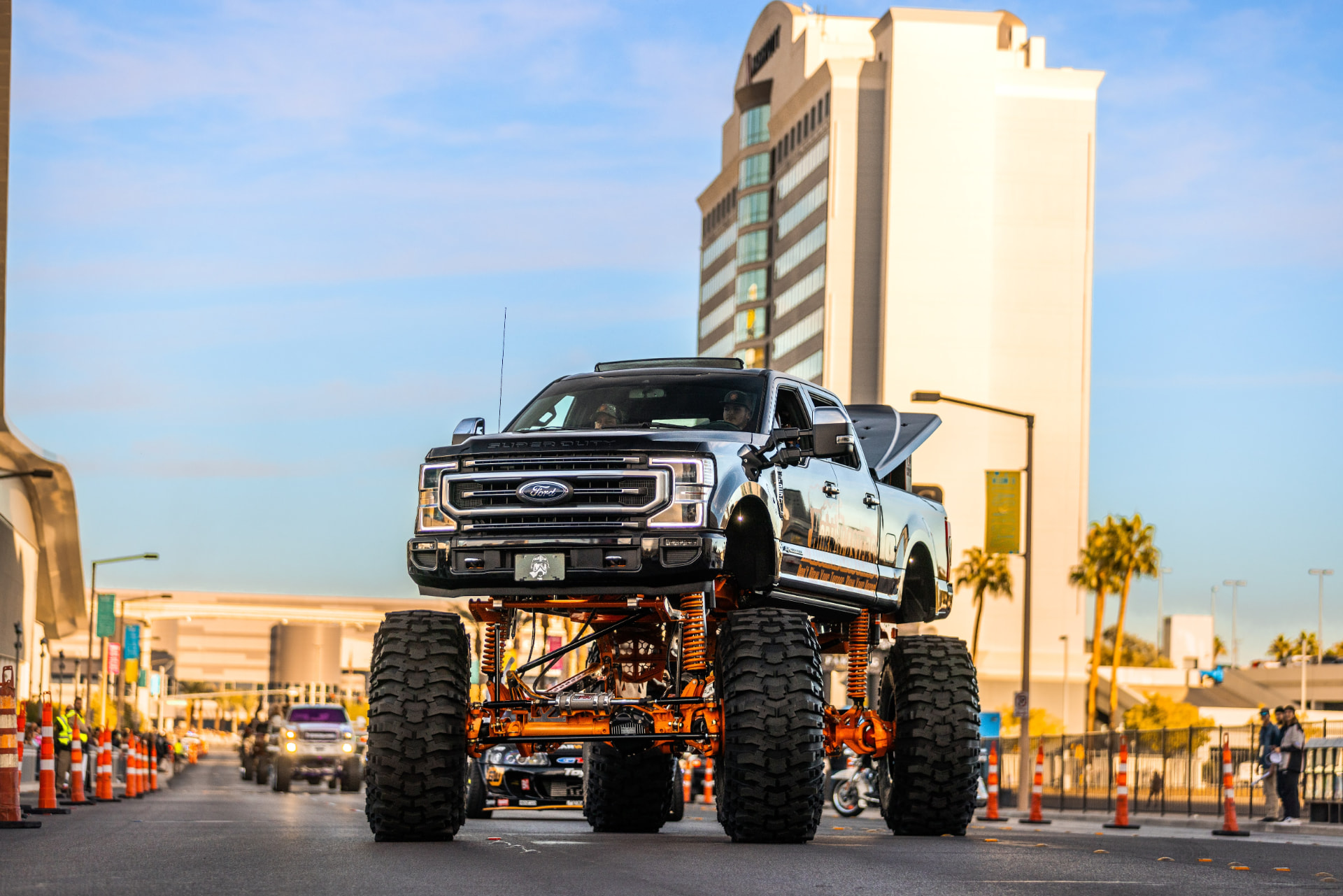 Lifted Ford Super Duty truck rolling out during show week in Las Vegas