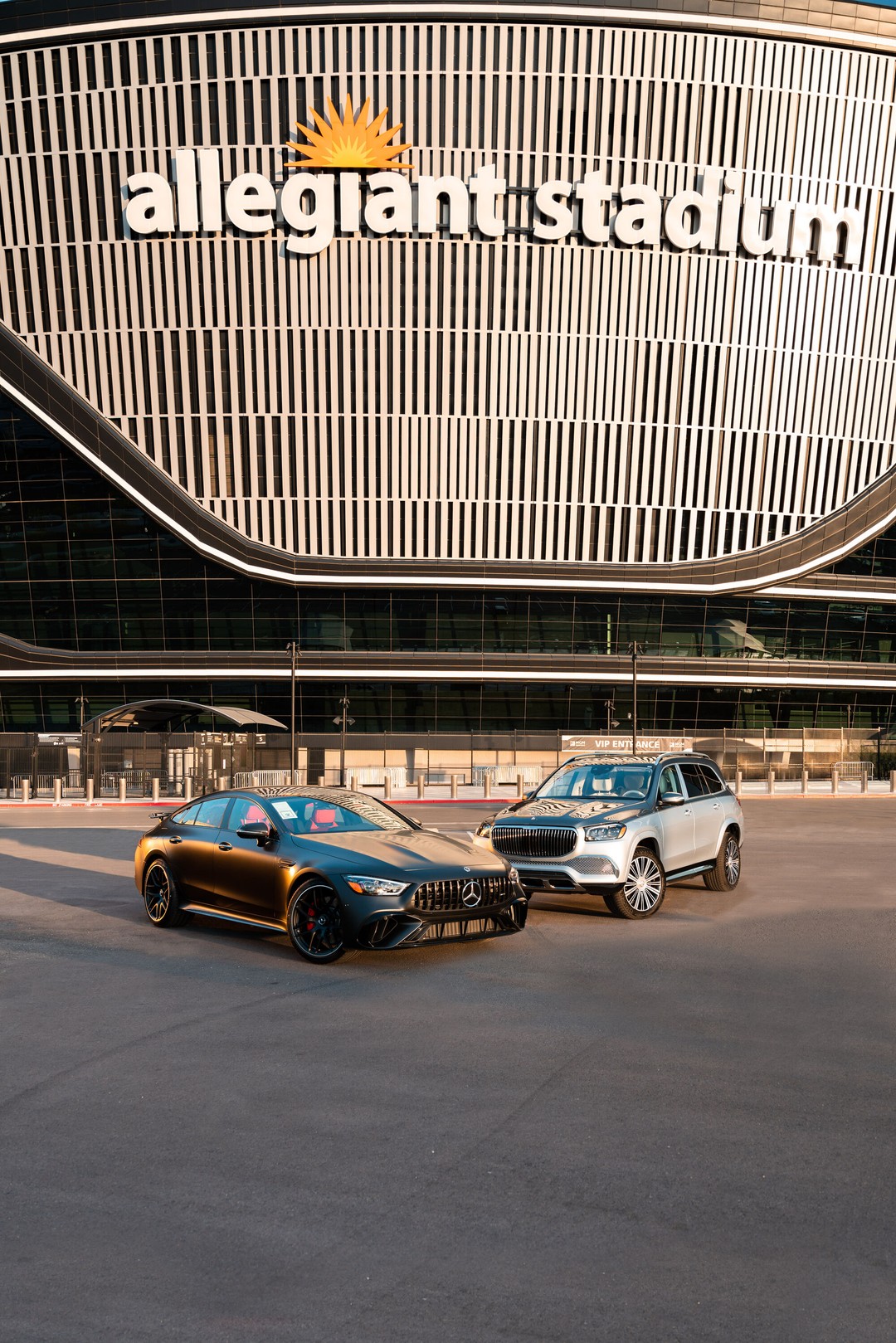 Mercedes-AMG and Maybach pair shot outside Allegiant Stadium for a Las Vegas convention week campaign