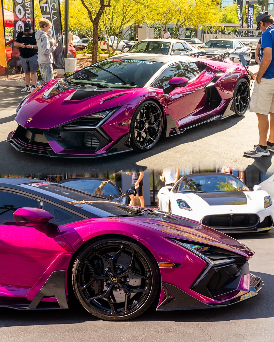 Front and wheel detail of a custom magenta Lamborghini Revuelto at a Las Vegas car show