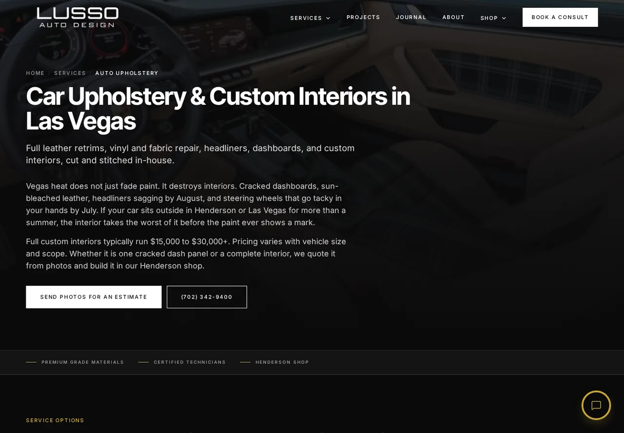 Lusso Auto Design auto upholstery service page