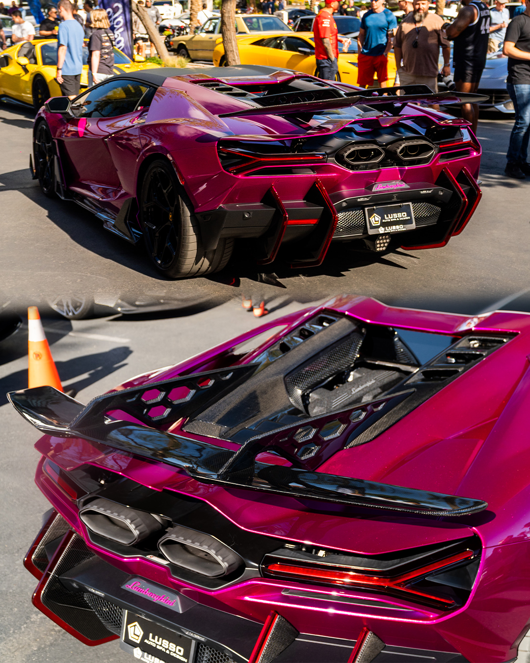 Rear three quarter and engine deck detail of a custom magenta Lamborghini Revuelto at a Las Vegas car show