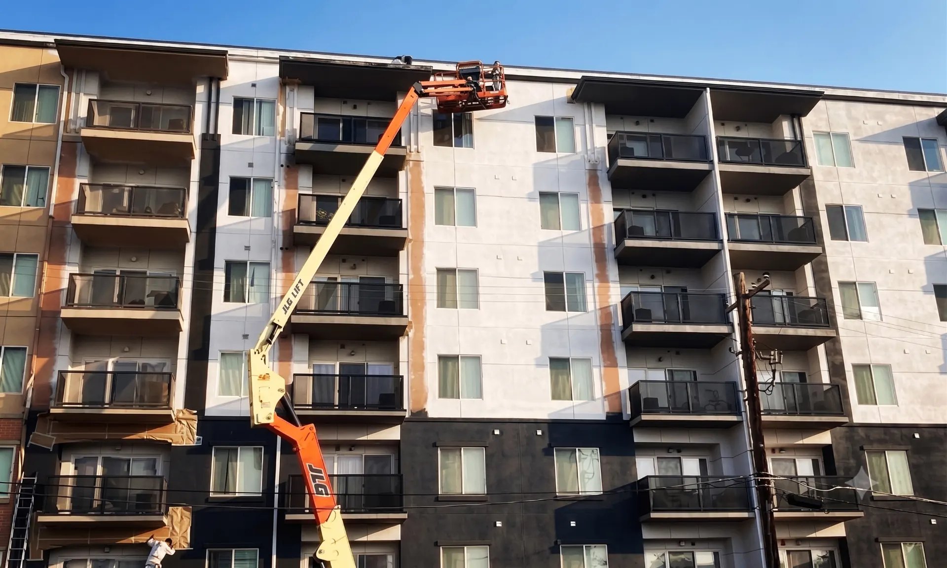 Color Drop Painting crew working from a lift on an apartment exterior repaint in Las Vegas