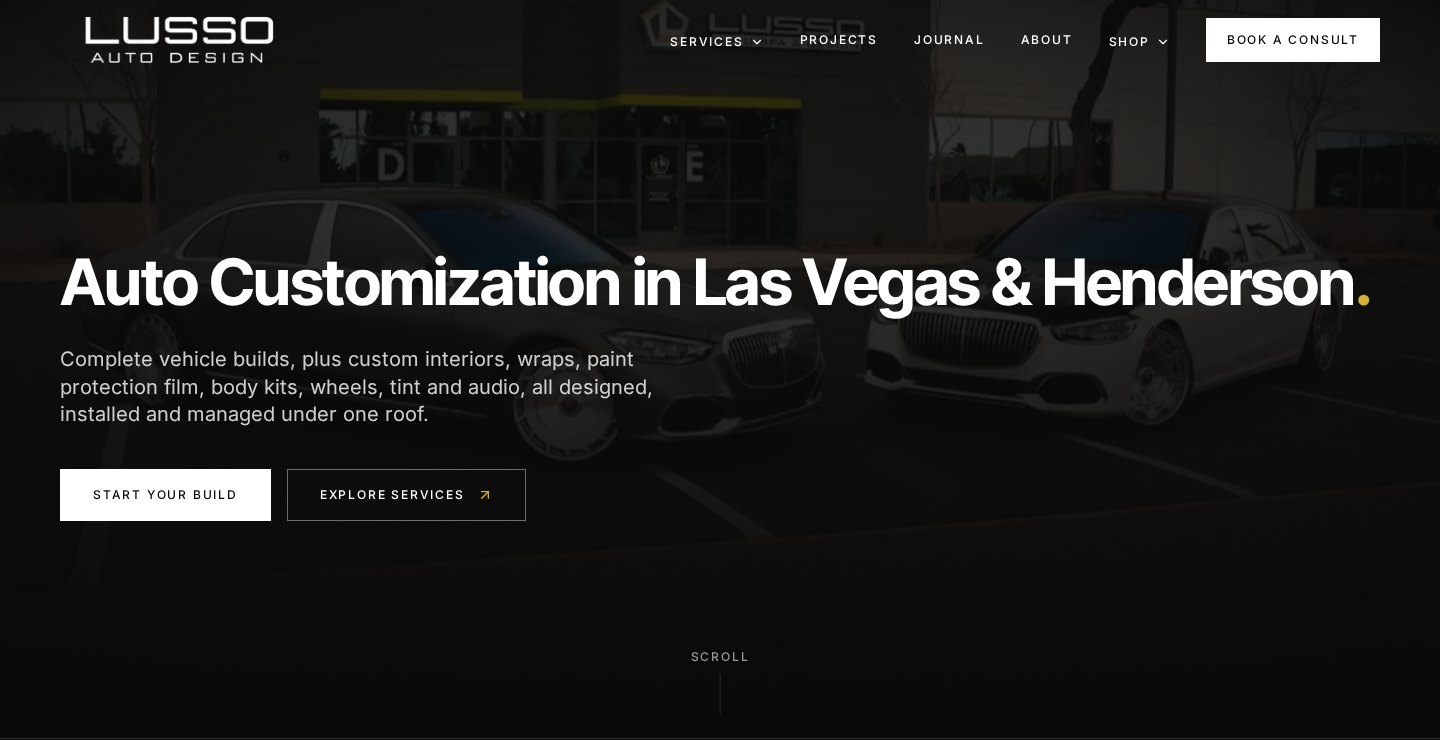 Lusso Auto Design website homepage built by Cross X Agency